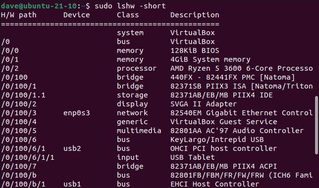 Using the condensed output format with lshw in a terminal window