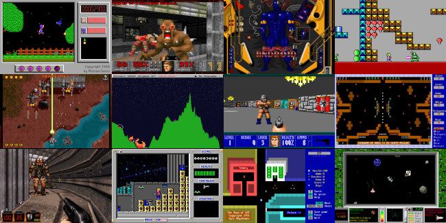 Screenshots from 12 MS-DOS and Windows shareware games.