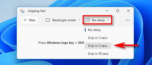 Select a screenshot delay with the snipping tool