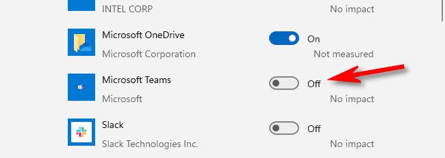 Click the switch beside "Microsoft Teams" to turn it "Off."
