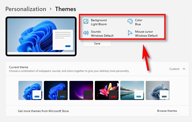 Click a link near the top of the themes window to change mouse, sound, color, or background settings.
