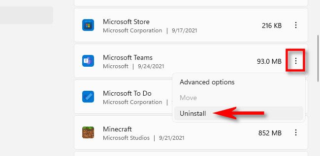 Click the three-dots button beside "Microsoft Teams" in the list and select "Uninstall."