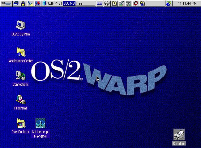 A screenshot of the IBM OS/2 Warp 4 default desktop.