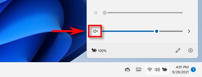 Click the speaker icon in Quick Settings to mute or unmute the system volume in Windows 11.