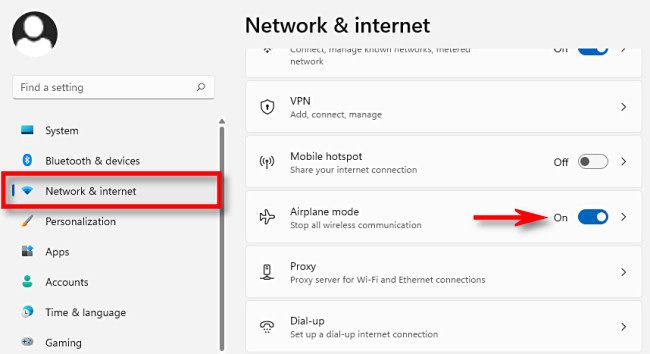 In Settings click "Network & Internet," then flip the switch beside "Airplane Mode" on or off.