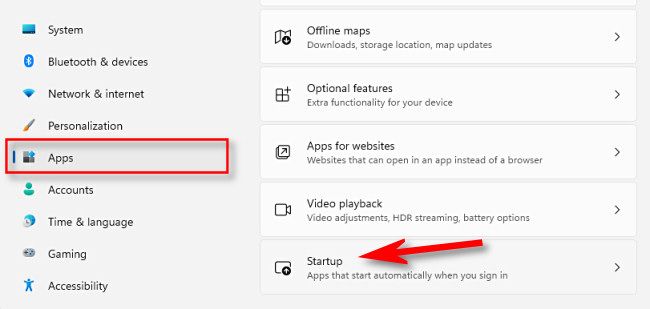 In Settings, select "Apps," then click "Startup."