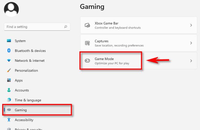 In Settings, click "Gaming," then select "Game Mode."