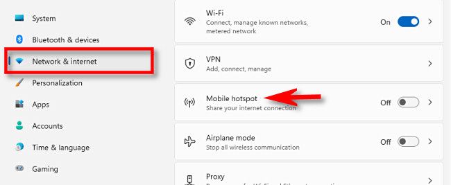 In Settings, click "Network & Internet," then select "Mobile Hotspot."