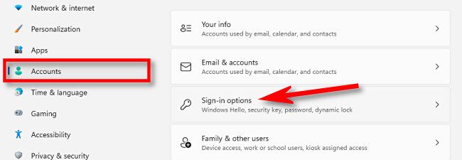 In Windows 11 Settings, click "Accounts," then select "Sign-In Options."