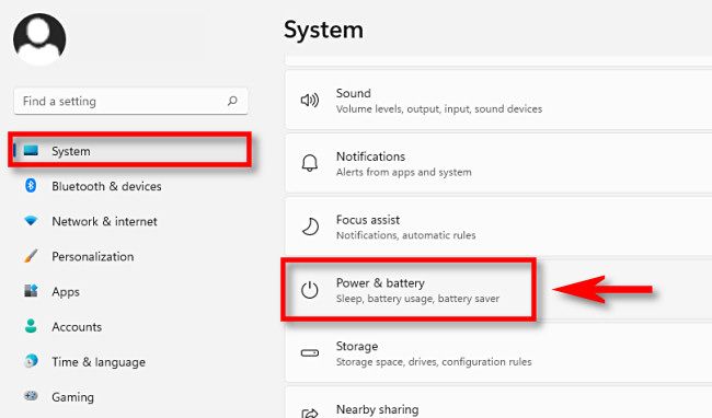 Click "System" in the sidebar, then select "Power & Battery."