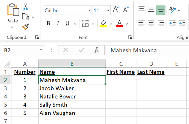 An Excel spreadsheet with full names of people.