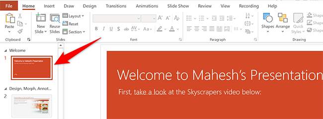 Click a slide in the left sidebar in PowerPoint.