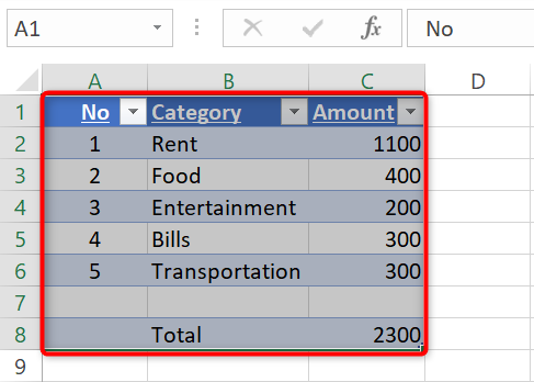 Select a table in Excel.