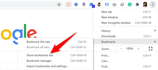 Click the three dots at the top-right corner and select Bookmarks > Show Bookmarks Bar in Chrome.