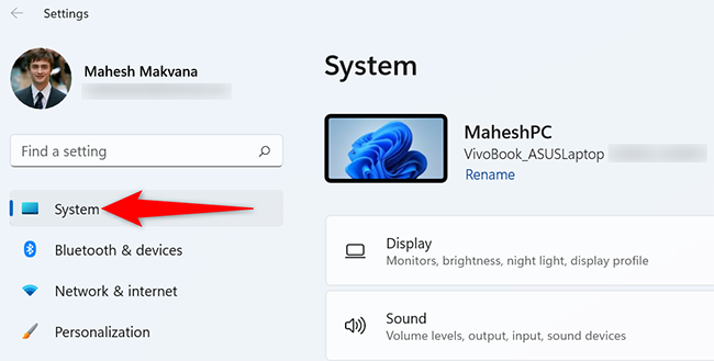 Click "System" in Settings on Windows 11.