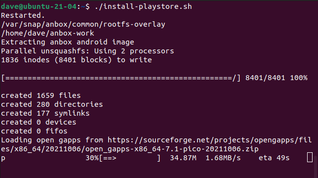 The installation script running in a terminal window