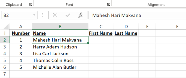 First, middle, and last names in an Excel spreadsheet.