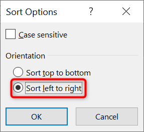 Select "Sort Left to Right" and click "OK" in the "Sort Options" box in Excel.