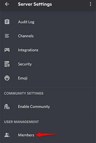 Tap &quot;Members&quot; on the &quot;Server Settings&quot; page.