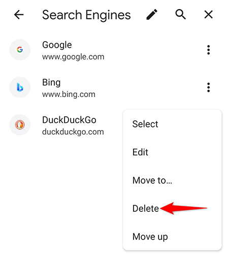 Select "Delete" from the three-dots menu in Chrome on mobile.