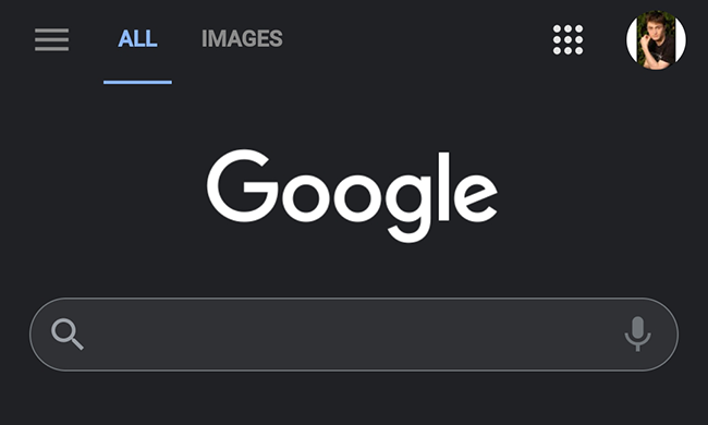 Google Search on mobile in dark mode.