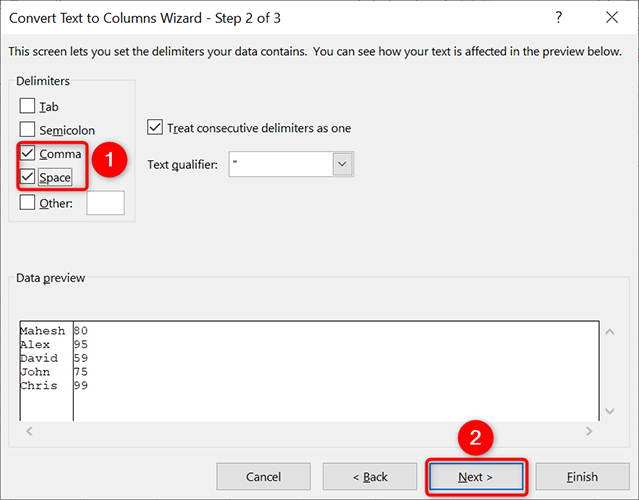 Specify the separator for values on the "Text to Columns Wizard" window.