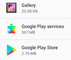 The Google entries in the Apps listing