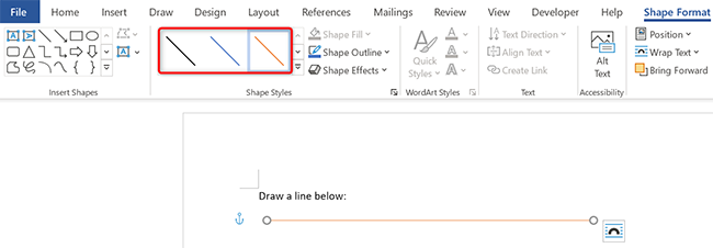 Customize the line using the options in the "Shape Format" tab.
