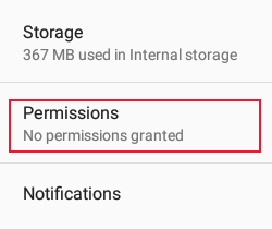 The permissions entry in the Google Play services settings list