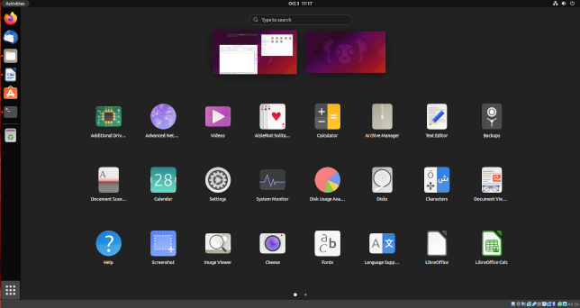 The GNOME 40 application view in Uubuntu 21.10