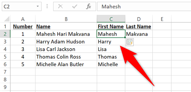 First names separated in Excel.