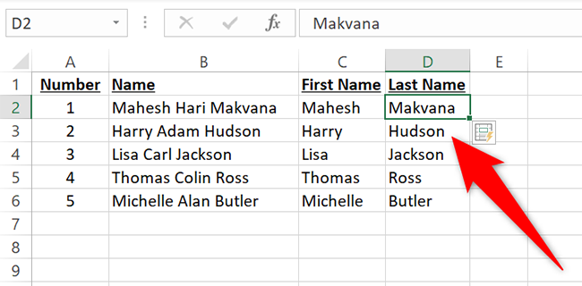 Last names separated in Excel.