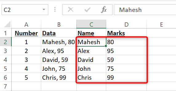 Single cell data split into multiple cells in Excel.