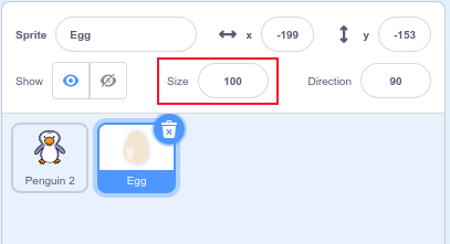 The egg sprite highlighted in the sprite window with the size control highlighted