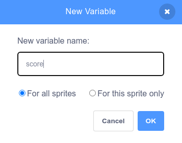 The new variable dialog with "score" entered as the variable name