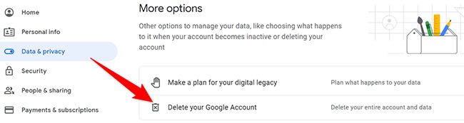 Click &quot;Delete Your Google Account&quot; on the &quot;Data &amp; Privacy&quot; page.
