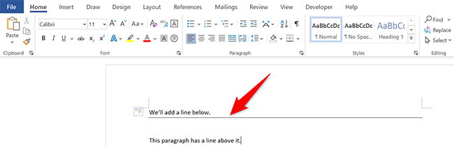 A line added in a Word document.