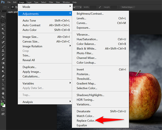 Select Image > Adjustments > Replace Color from Photoshop's menu bar.