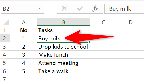 Apply strikethrough with a keyboard shortcut in Excel.