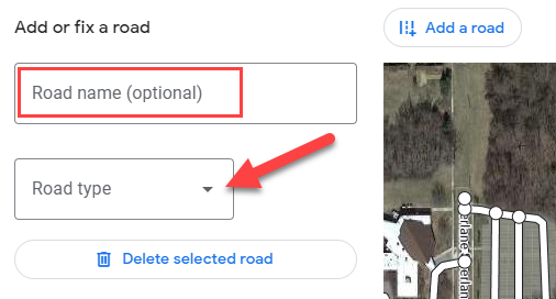 Enter the name of the missing road and select the type of road.