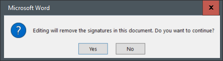 A warning message stating the signature will be removed when edited.