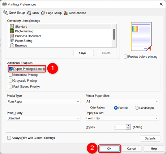 Enable the "Duplex Printing (Manual)" option on the "Printing Preferences" window.