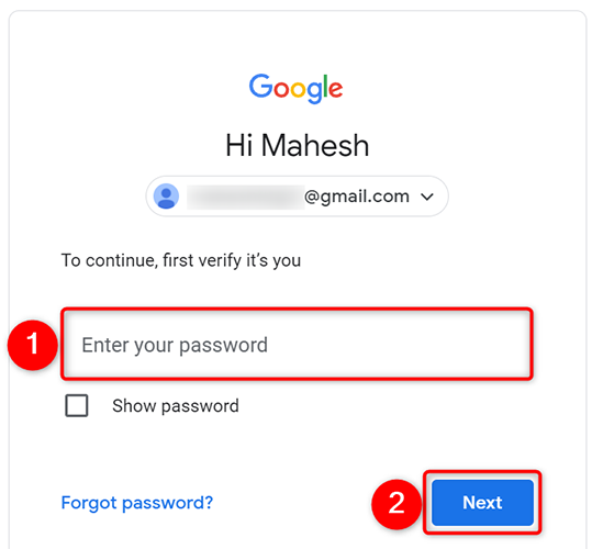 Enter the Google account password and click "Next."