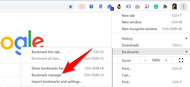 Click the three dots at the top-right corner and select Bookmarks > Bookmark Manager in Chrome.