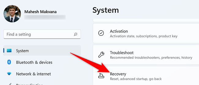 Click "Recovery" on the "System" page.