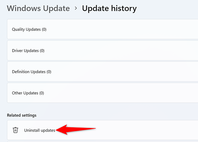 Select "Uninstall Updates" on the "Update History" page in Settings on Windows 11.