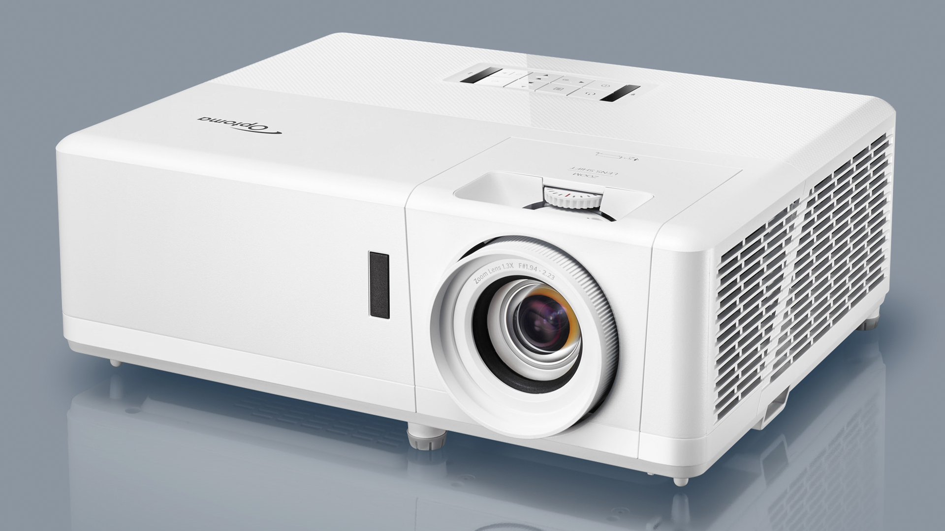 A photo of the Optoma UHZ50 projector on a blue background.