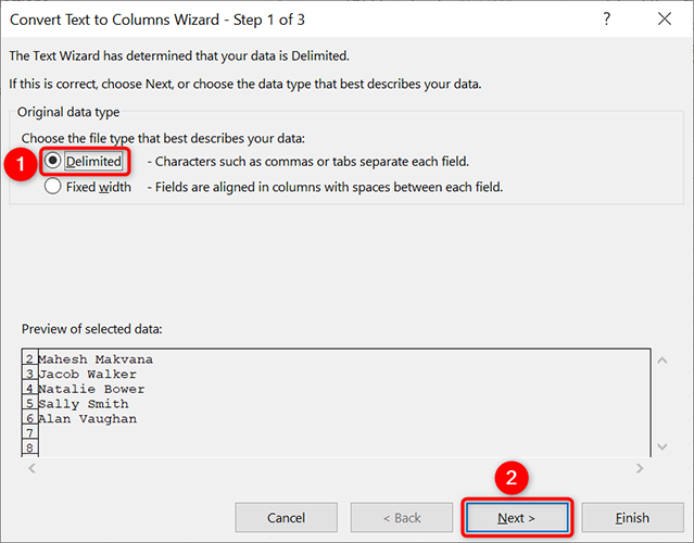 Select "Delimited" and click "Next" on the "Convert Text to Columns Wizard" window.