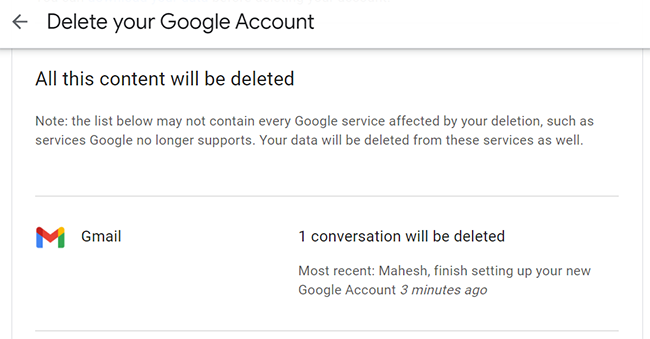 Review the content to be deleted on the "Delete Your Google Account" page.