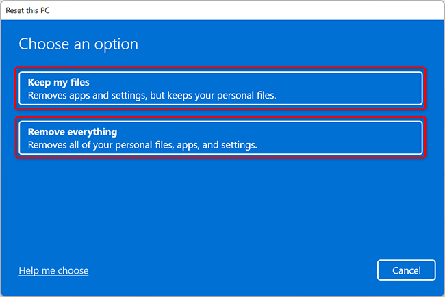 Select an option on the "Reset this PC" window in Windows 11.